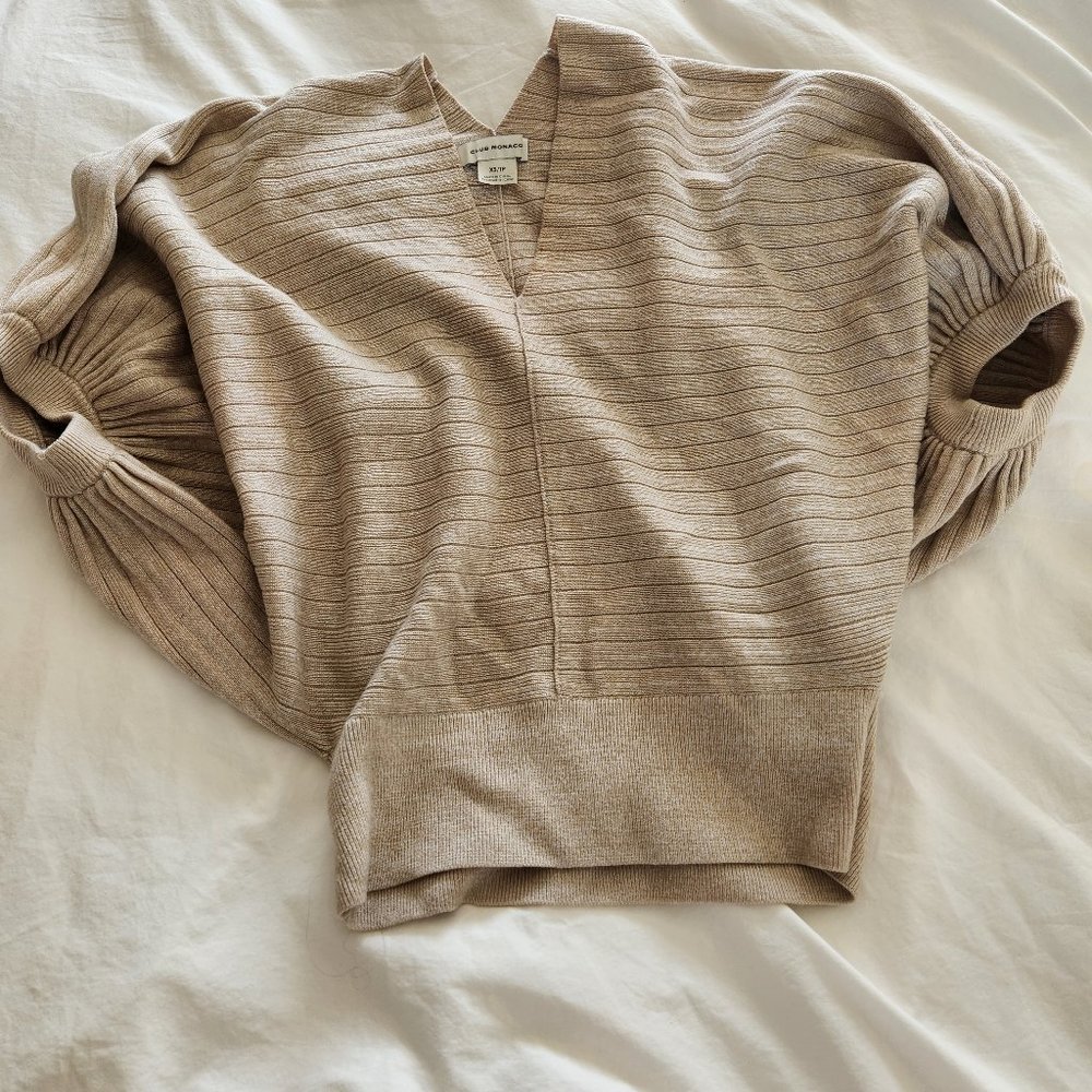 Club Monaco Beige Cream Wool Ribbed VNeck Knit Short Sleeve Sweater Size XS